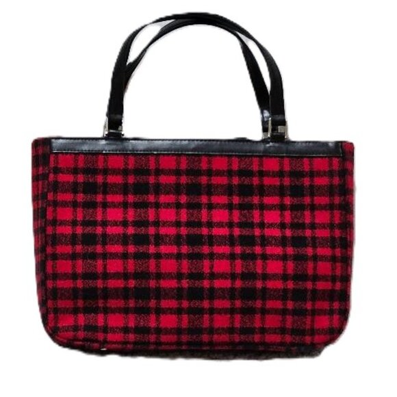 VINTAGE RETRO BLACK RED PLAID VEGAN WOOL & LEATHER HANDBAG - Picture 2 of 6